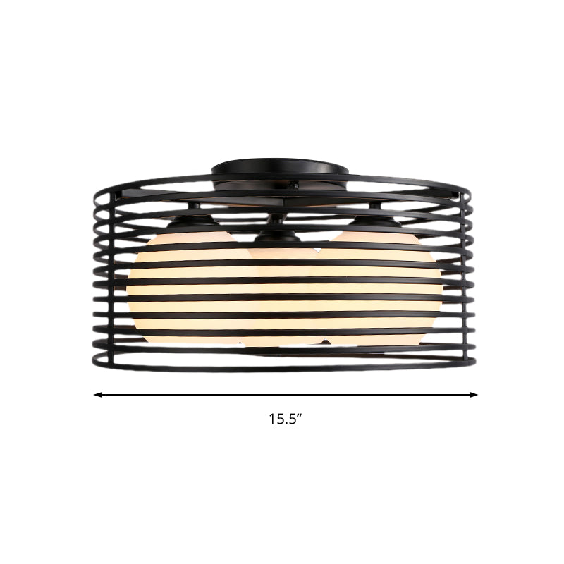 Nordic Metal 3 - Light Semi Flush Mount Lamp With Round Iron Cage For Bedroom Ceiling - Black/White