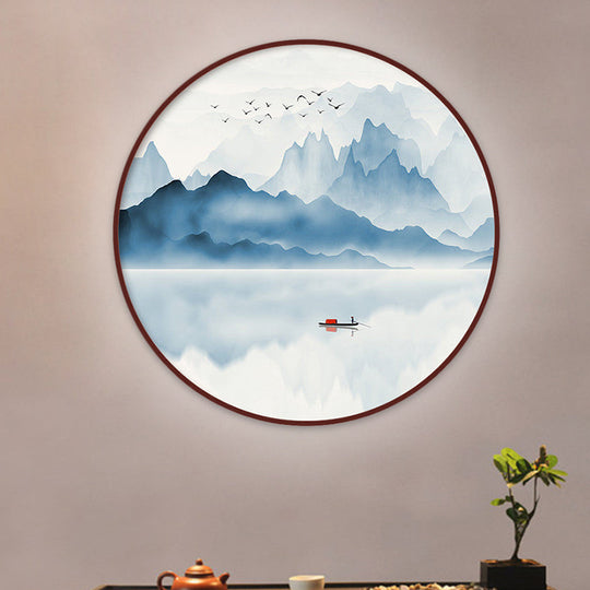 Chinese Acrylic Led Round Wall Sconce: Blue River Scenery Mural Lamp Warm/White Light / White B