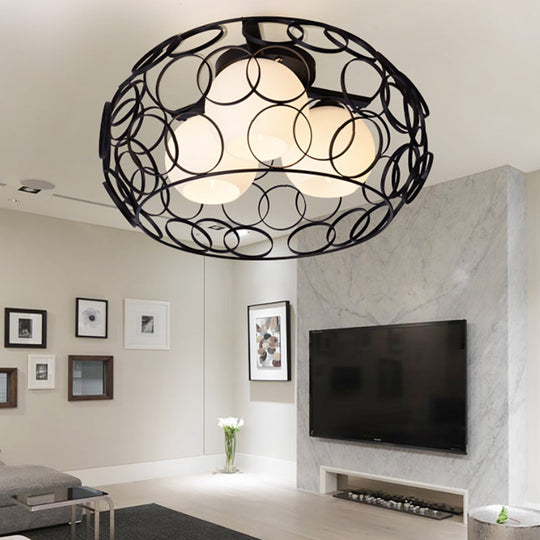 Nordic Drum Iron Cage Ceiling Light With Ball Glass Shade In White/Black Perfect For Dining Rooms