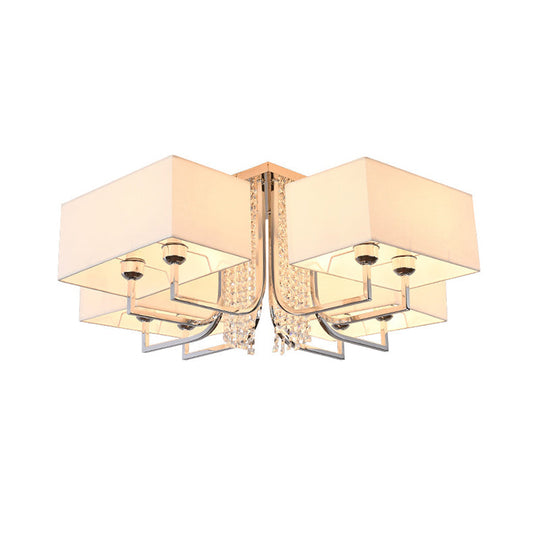 Contemporary Crystal Drop Ceiling Light Fixture With White Cubic Fabric Shade 23.5’/31.5’ Wide