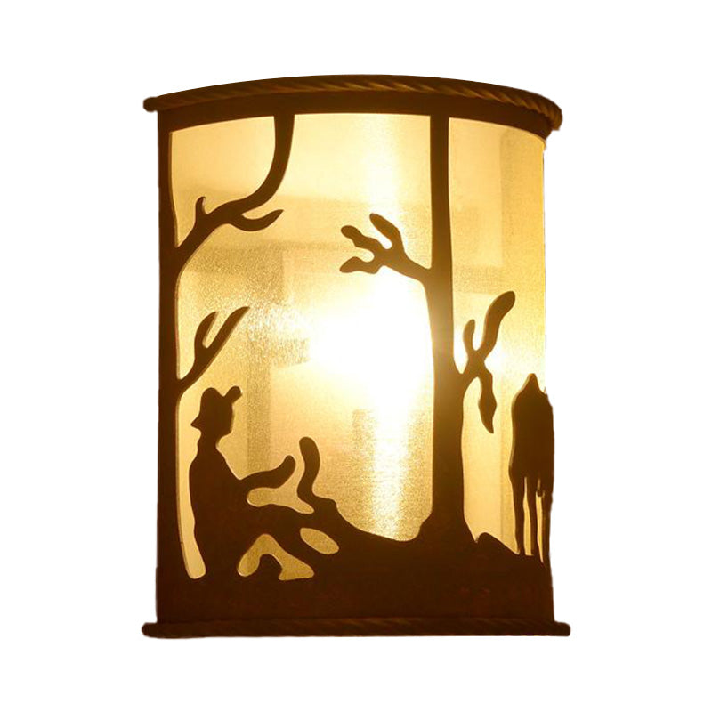 Rust One Light Retro Metal Sconce With Unique Tree/Elk Pattern Stylish Half Cylinder Lighting