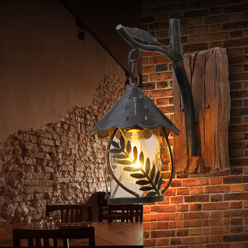 Industrial Living Room Sconce: One Bulb Wall Light With Clear Glass Cylinder Shade And Leaf Branch