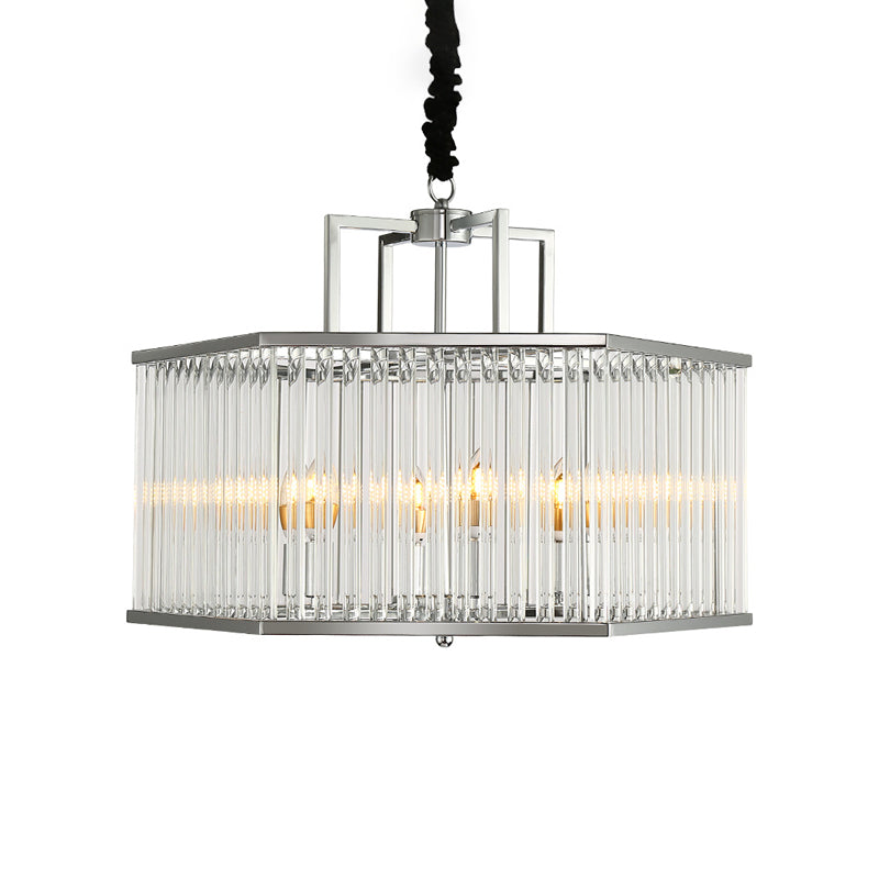 Hexagon Chrome Pendant Chandelier With Crystal - Modern Metal Hanging Lamp For Living Room