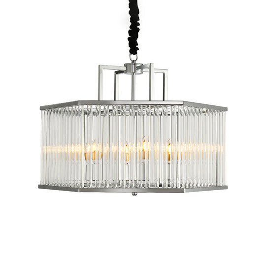 Hexagon Chrome Pendant Chandelier With Crystal - Modern Metal Hanging Lamp For Living Room