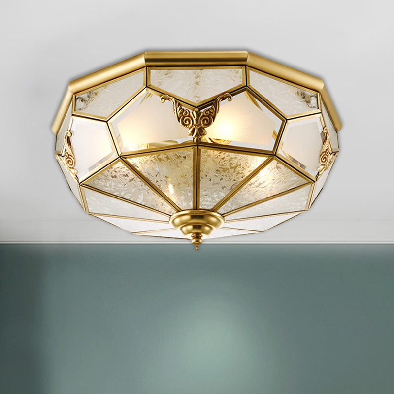 Farmhouse Ceiling Mounted Flush Light Fixture Cream Glass Brass Domed 3/4 Bulbs 14’/18’ Wide / 14’