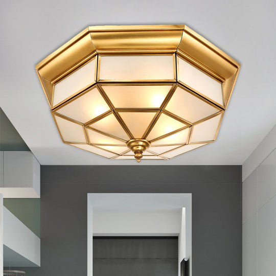 Antiqued Brass Octagon Flush Mount Ceiling Light With Milky Glass - 17 / 25.5 Width 4/6 Head Hallway