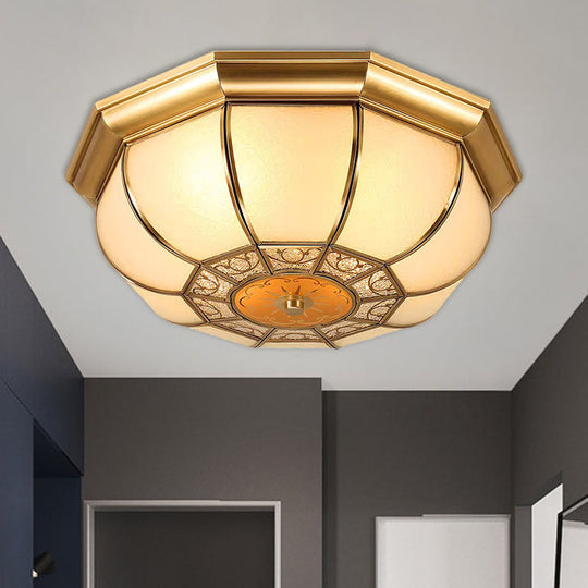 Rustic 3 - Bulb Flush Mount With Countryside Bowl And Frosted Glass Ceiling Lighting In Brass