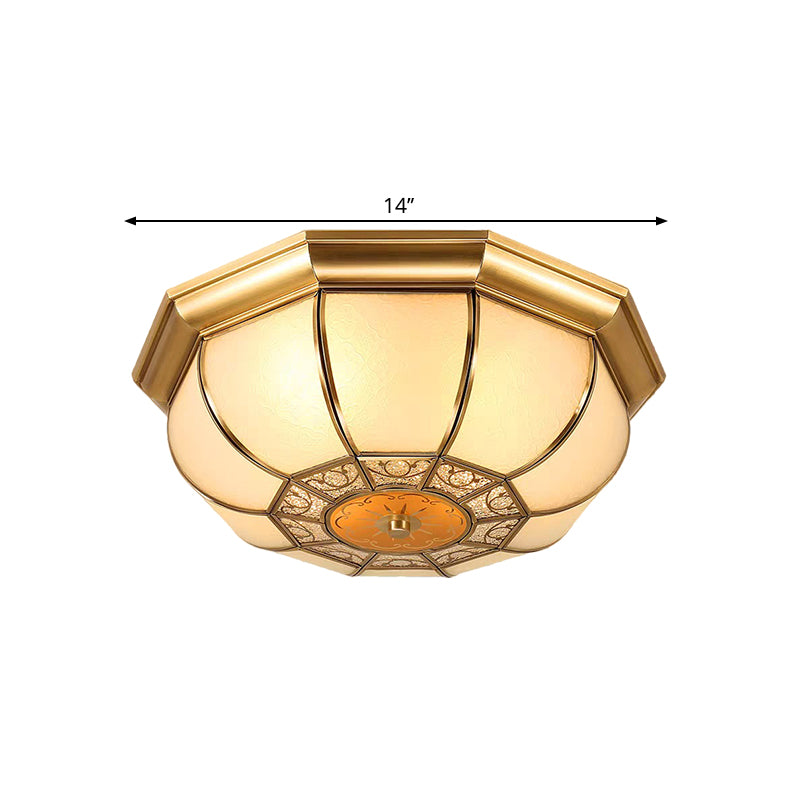 Rustic 3 - Bulb Flush Mount With Countryside Bowl And Frosted Glass Ceiling Lighting In Brass