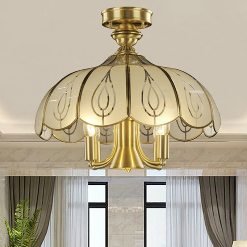 Brass Semi Flush Ceiling Mounted Fixture With Scalloped Frosted Glass & Leaf Pattern - 4 Heads