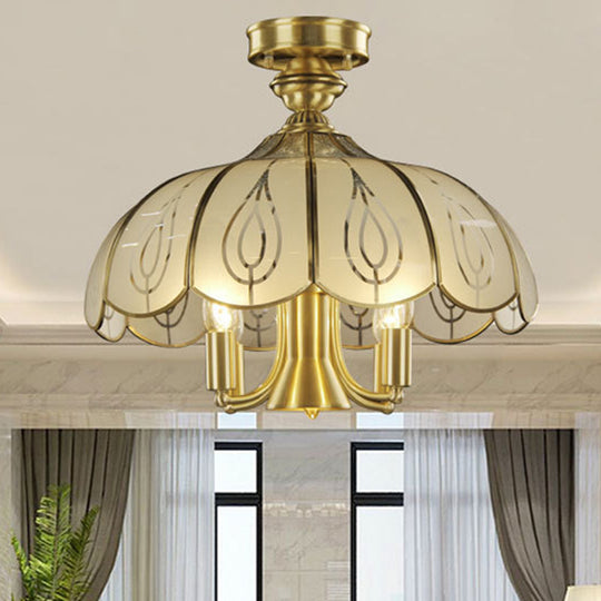 Brass Semi Flush Ceiling Mounted Fixture With Scalloped Frosted Glass & Leaf Pattern - 4 Heads
