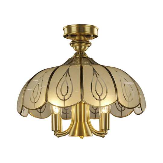 Brass Semi Flush Ceiling Mounted Fixture With Scalloped Frosted Glass & Leaf Pattern - 4 Heads