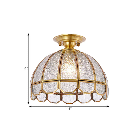 Antiqued Brass Scalloped Dome Semi Flush Ceiling Light With Ripple Glass