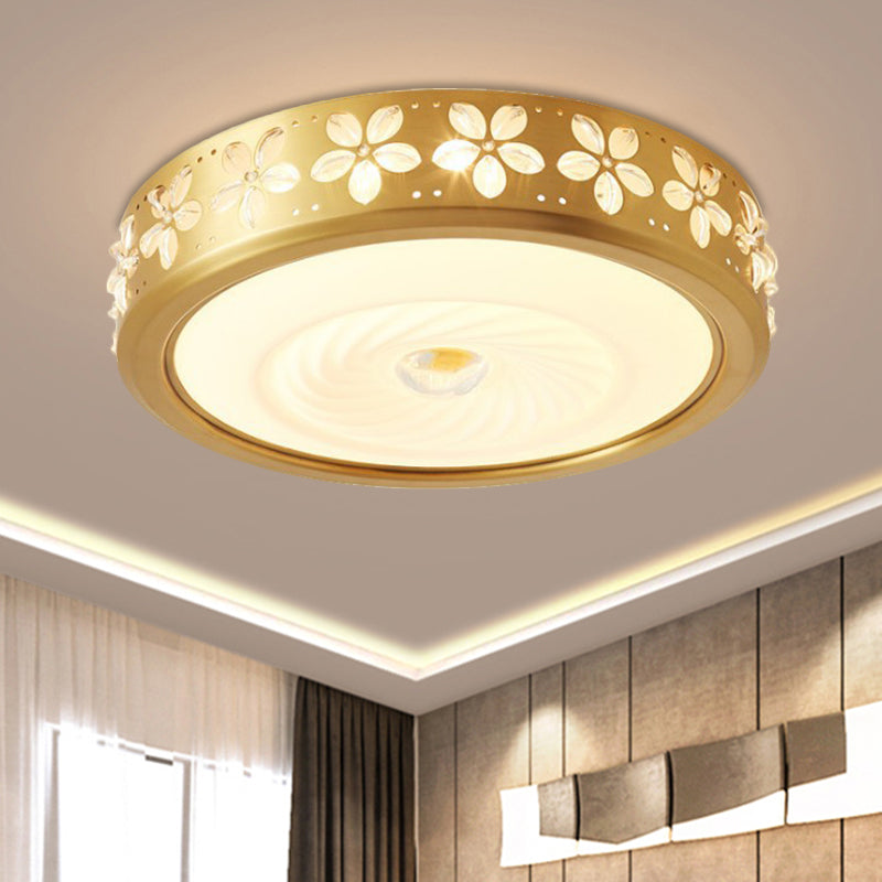Rustic Drum Style Flush Light With Cream Glass & Led Ceiling Mounted Fixture Brass’
