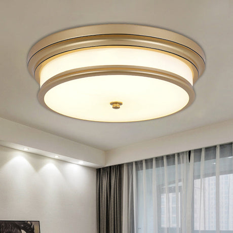 14/16 Vintage Cream Glass Drum-Like Corridor Ceiling Fixture Led Flush Mount Lighting In Black/Gold
