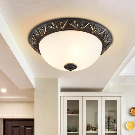 Frosted Glass Dome Flush Ceiling Lamp With Flower Edge Design In Brass/Black And Gold - Available