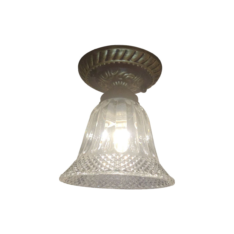 Bell Shape Ceiling Lighting - Farmhouse Black Flush Mount Fixture With Clear Prismatic Glass