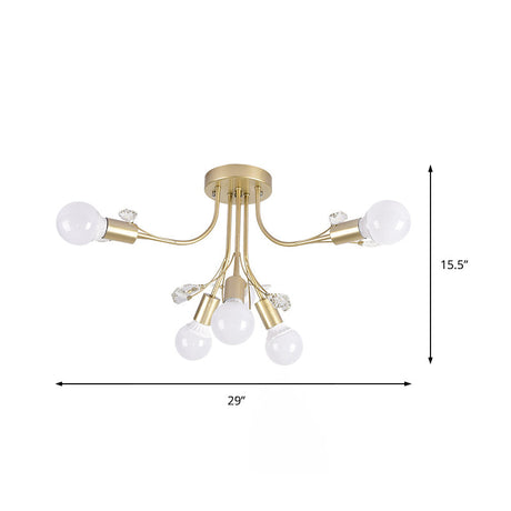 Black/White/Gold Metal Curved Arms Semi Flush Mount Light - Nordic Style 6/9 Lights Bedroom Ceiling