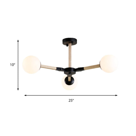 Contemporary Wood Branch Chandelier With White/Black/Gold Finish 3/6/9 Lights And White Glass Shade