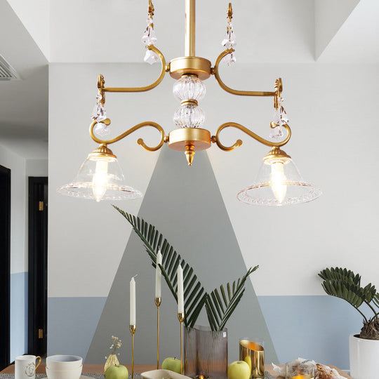 Clear Crystal Chandelier Light Fixture - Modern Bell Shade Hanging Lamp In Gold 2 Bulbs For Dining