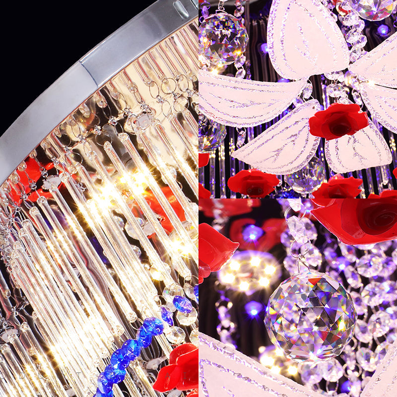 Modern Led Crystal Prism Ceiling Light With Flower Design In Blue And Red 19.5’/23.5’ Width