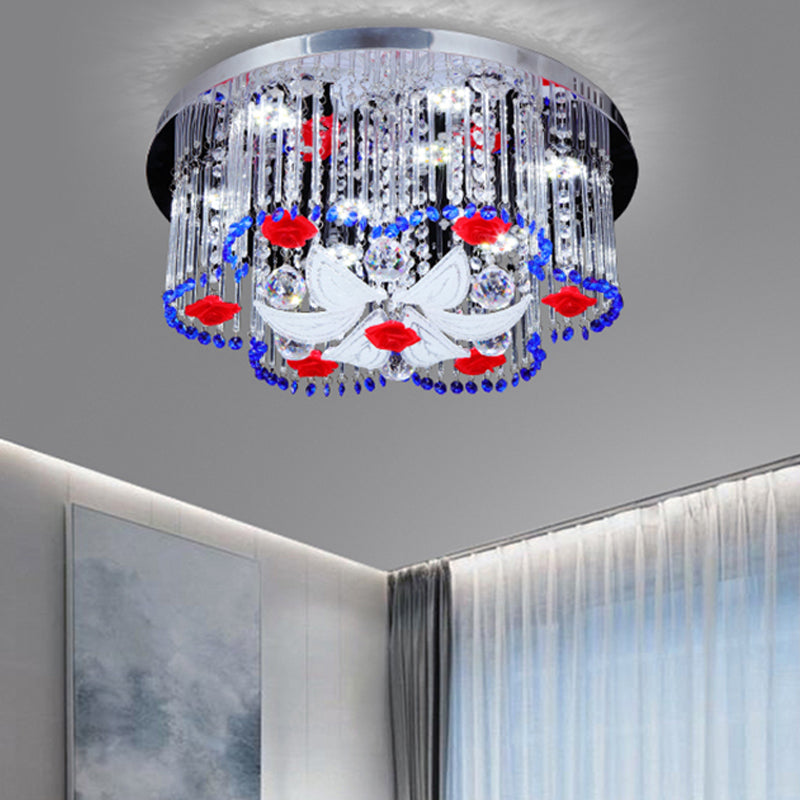 Modern Led Crystal Prism Ceiling Light With Flower Design In Blue And Red 19.5’/23.5’ Width