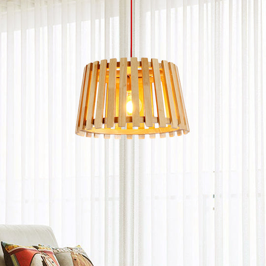 Contemporary Wood Slatted Drum Pendant Light In Beige - Perfect For Bedroom