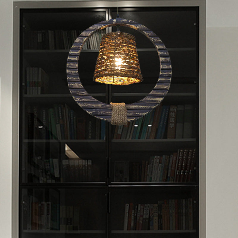 Modern Rattan Conical Hanging Light Brown Pendant Lamp With Wooden Vertical Ring