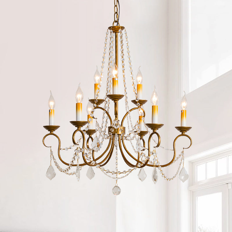 Vintage Brass Chandelier Pendant Light - Crystal Beaded Strand 6/9 Lights Bare Bulb Hanging