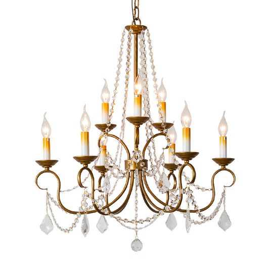 Vintage Brass Chandelier Pendant Light - Crystal Beaded Strand 6/9 Lights Bare Bulb Hanging