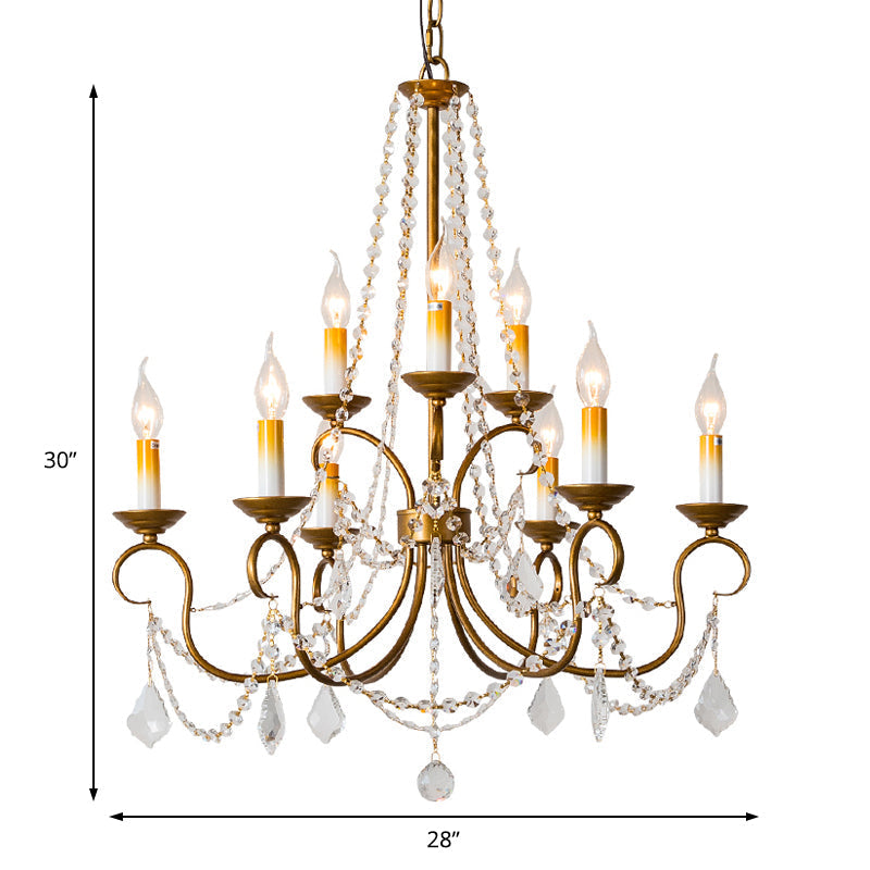 Vintage Brass Chandelier Pendant Light - Crystal Beaded Strand 6/9 Lights Bare Bulb Hanging