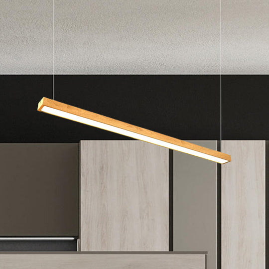 Wooden Shade Led Office Pendant Lighting - Sleek Rectangular Linear Design In Minimal Dark