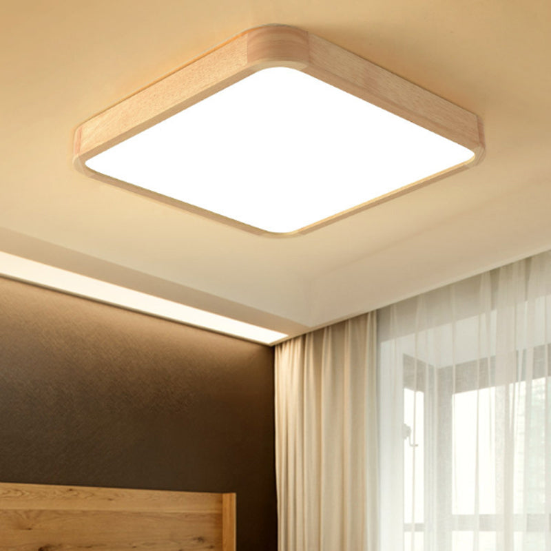 Beige Square Flush Mount Led Ceiling Lighting Fixture - Modern Wood Design In White Or Warm Light