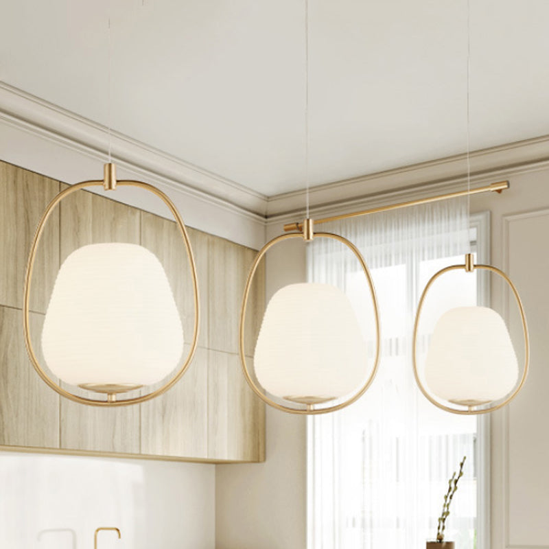 Modern Gold Iron Ring Pendant Lamp With White Glass - Oval Dining Room Fixture