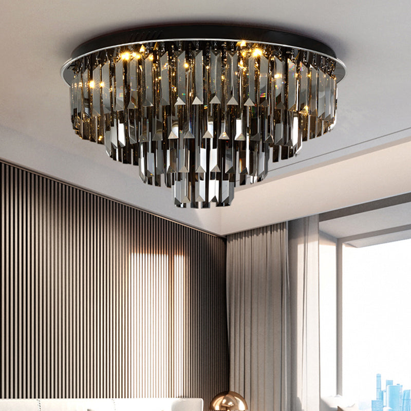Contemporary Crystal Led Ceiling Mount Light - Smoke Gray Layered Design For Dining Room / 23.5