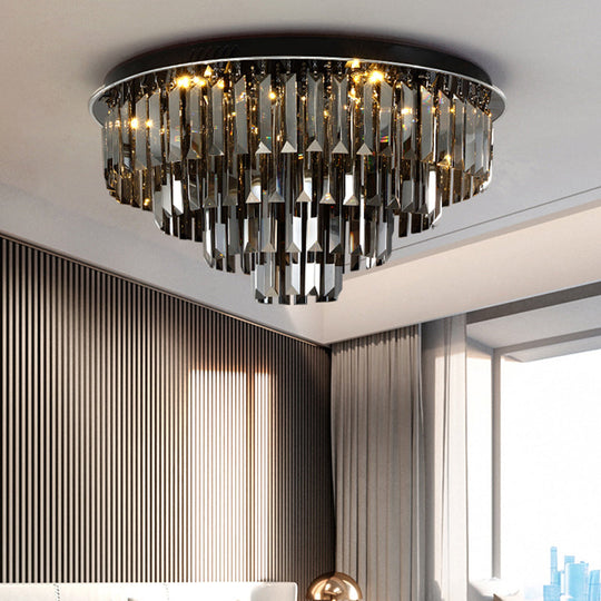 Contemporary Crystal Led Ceiling Mount Light - Smoke Gray Layered Design For Dining Room / 23.5