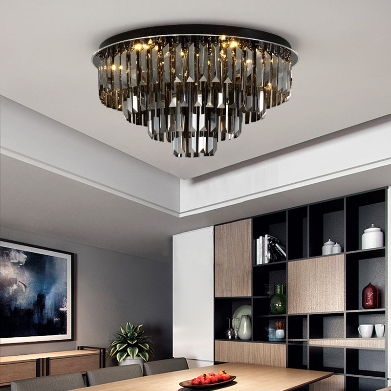 Contemporary Crystal Led Ceiling Mount Light - Smoke Gray Layered Design For Dining Room / 19.5