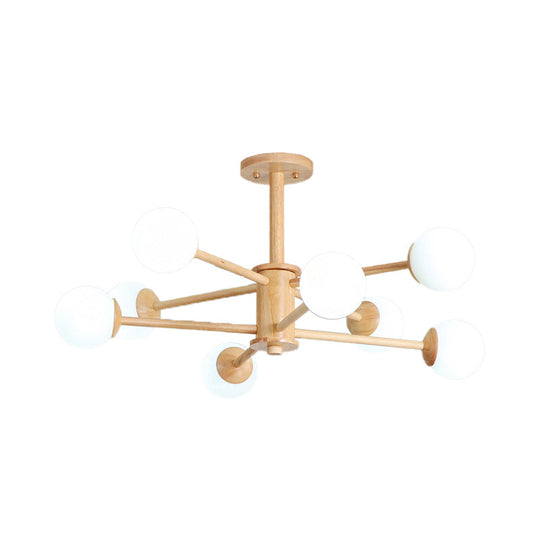 Contemporary Wooden Starburst Chandelier With Glass Ball Shade - Natural Wood Finish 6/8/12 Lights