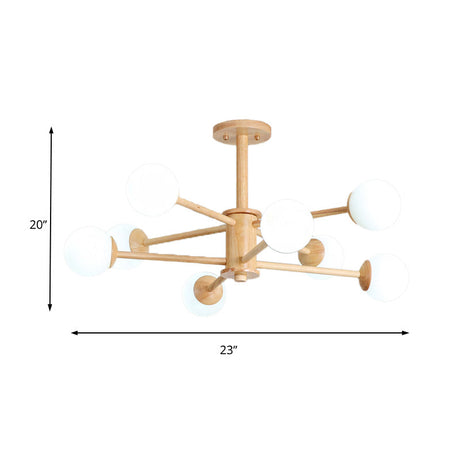 Contemporary Wooden Starburst Chandelier With White Glass Ball Shades - 6/8/12 Lights