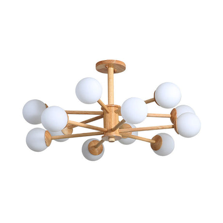 Contemporary Wooden Starburst Chandelier With White Glass Ball Shades - 6/8/12 Lights