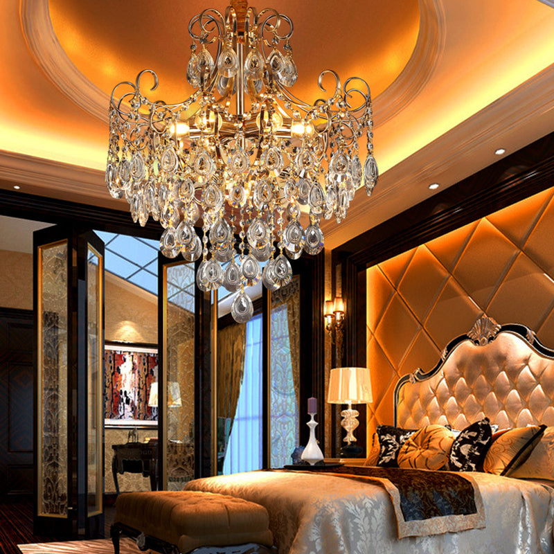 Gold Industrial Geometric Chandelier With Crystal Teardrop Shade - 5/6/8 Bulb Pendant Light 6 /