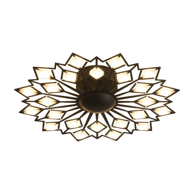 Modern Floral Led Flush Mount Ceiling Lamp In Black And White Metal For Bedroom