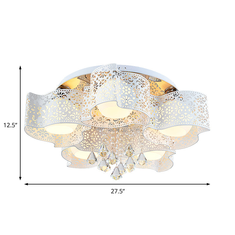 Modernist Crystal Ceiling Lamp With Etched Flower Design 3/5 Lights Opal Glass Ball Shade