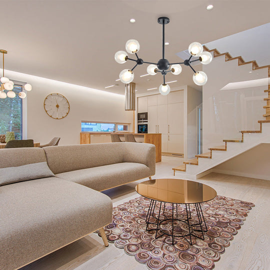 Modern Clear Glass Bubble Chandelier With Starburst Design - 9/12/15 Lights Black/Gold 9 / Black