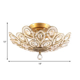 Brass Peacock Tail Flush Ceiling Light - Lodge Style Metal Lamp With Crystal Beads 3/5 Lights For