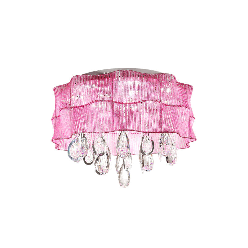 Blue/Pink Flower Flush Ceiling Lamp - Led Contemporary Fabric With Crystal Accents Bedroom Lighting