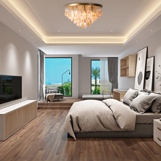 Modern Shell Tiered Flush Mount Light With Crystal Bead - Brass Finish | 6/9 Lights 16/19.5 W