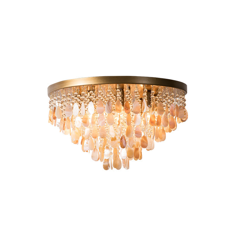 Modern Shell Tiered Flush Mount Light With Crystal Bead - Brass Finish | 6/9 Lights 16/19.5 W