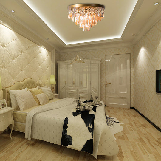 Modern Shell Tiered Flush Mount Light With Crystal Bead - Brass Finish | 6/9 Lights 16/19.5 W