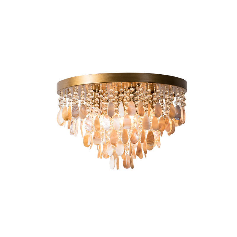 Modern Shell Tiered Flush Mount Light With Crystal Bead - Brass Finish | 6/9 Lights 16/19.5 W