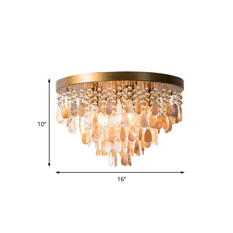 Modern Shell Tiered Flush Mount Light With Crystal Bead - Brass Finish | 6/9 Lights 16’/19.5’ W